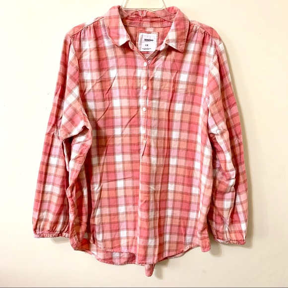 Sonoma Plaid Shirt/Blouse Peach-Orange/White 1X - Picture 8 of 8